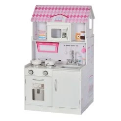 Vente flash ❤️ HOMCOM Cuisine Bois Jeu D'imitation - Maison De Poupée Cuisine Enfant 2 En 1 - Nombreux Accessoires & Rangements Inclus - MDF Pin Rose Blanc ⭐