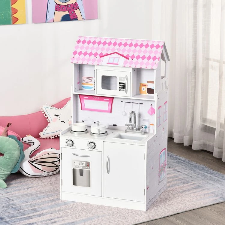 Vente flash ❤️ HOMCOM Cuisine Bois Jeu D'imitation - Maison De Poupée Cuisine Enfant 2 En 1 - Nombreux Accessoires & Rangements Inclus - MDF Pin Rose Blanc ⭐ 4 Vente flash ❤️ HOMCOM Cuisine Bois Jeu D'imitation - Maison De Poupée Cuisine Enfant 2 En 1 - Nombreux Accessoires & Rangements Inclus - MDF Pin Rose Blanc ⭐ – Image 2