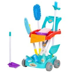 Promo 💯 HOMCOM Jeu D'imitation Chariot De Nettoyage Enfant - Chariot De Ménage Enfant - Total 22 Accessoires Variés - ABS PP Bleu Rouge Blanc 🤩