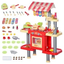 Coupon 😉 HOMCOM Cuisine Pour Enfant Jeu D'imitation De La Marchande 2 En 1 - 50 Accessoires Inclus Effets Sonores Rouge 🥰